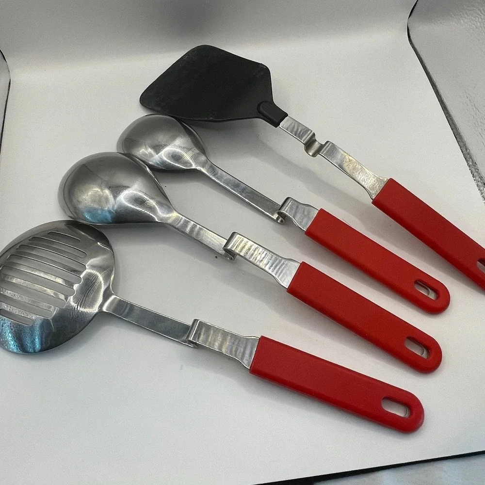 4 Pc Kitchen Utensil Set Red Retro Pot Rest Stainless Steel 4pc